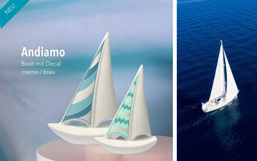 Tiziano Deko-Boot Andiamo mit blau-weiß gestreiften Segeln, 2 Größen
